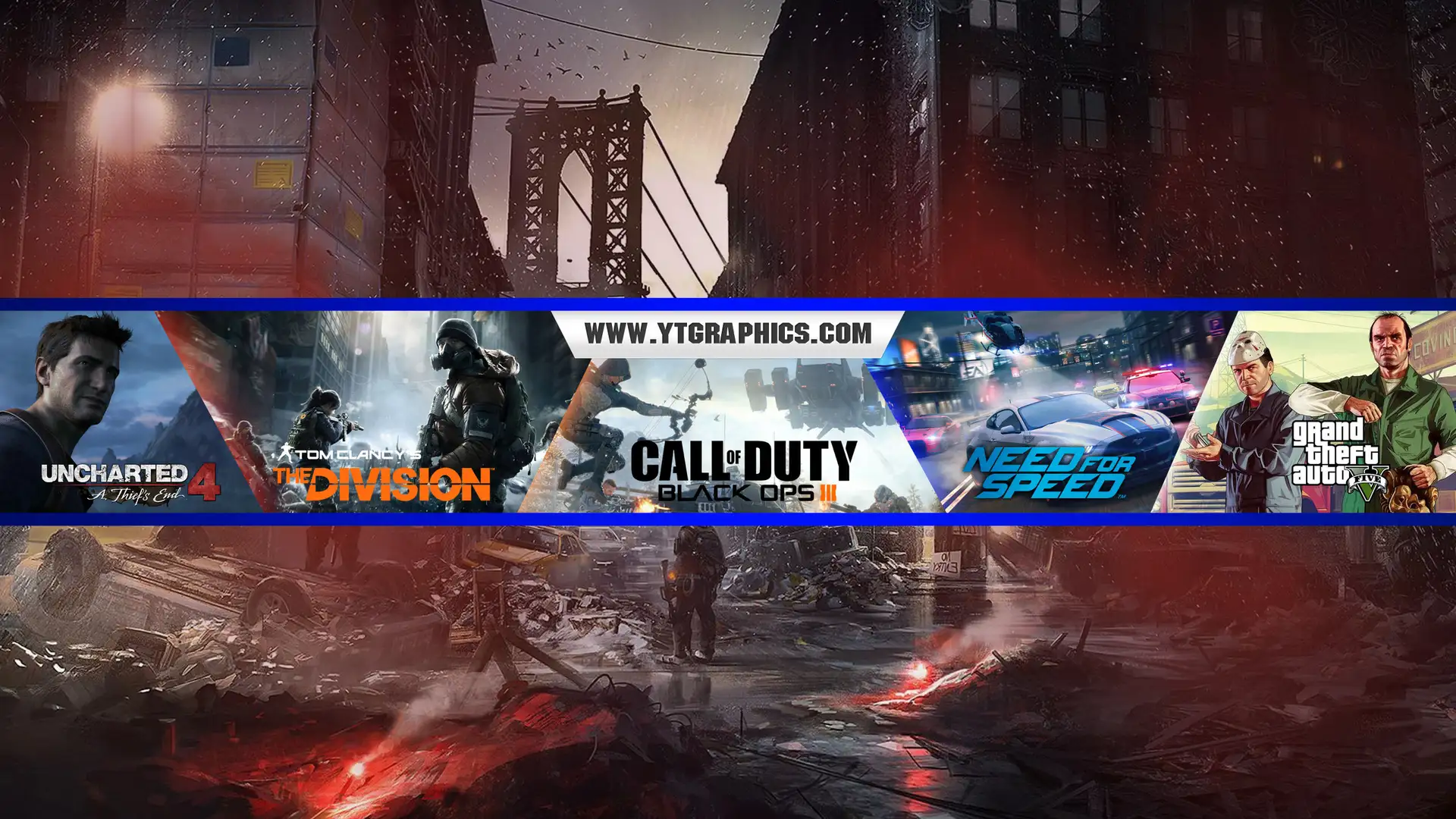 Uncharted, The Division, CoD: BO3, NFS, GTA V Banner
